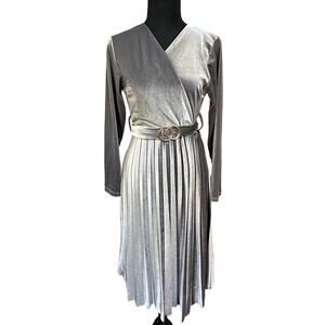 Py Gray Velvet Long Sleeve Pleated Skirt Belted Midi Dress Size S